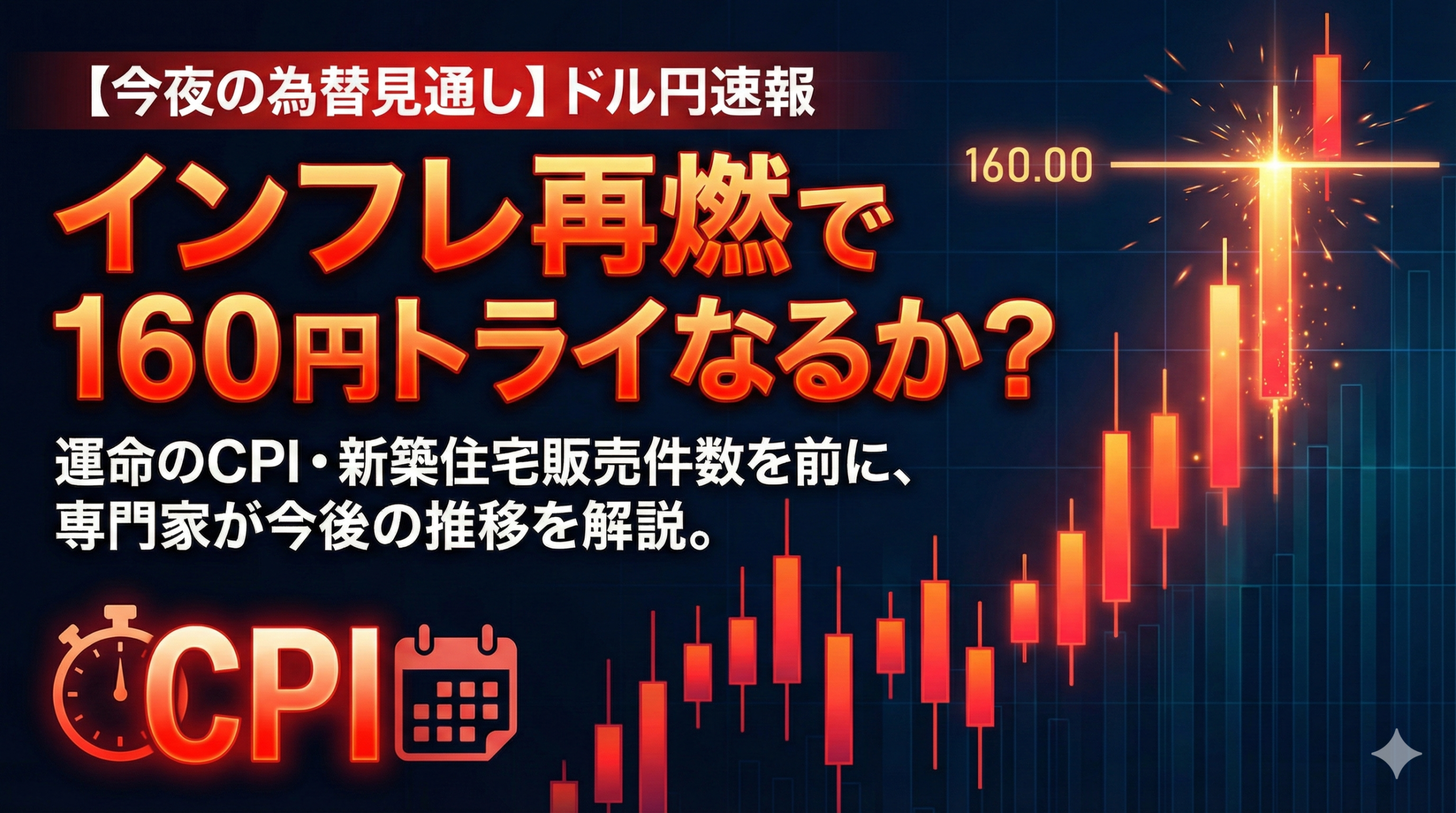 【今夜の為替見通し｜ドル円インフレ再燃で160円トライか？】現在の推移と今後の予想｜CPI・新築住宅販売件数について専門家が解説